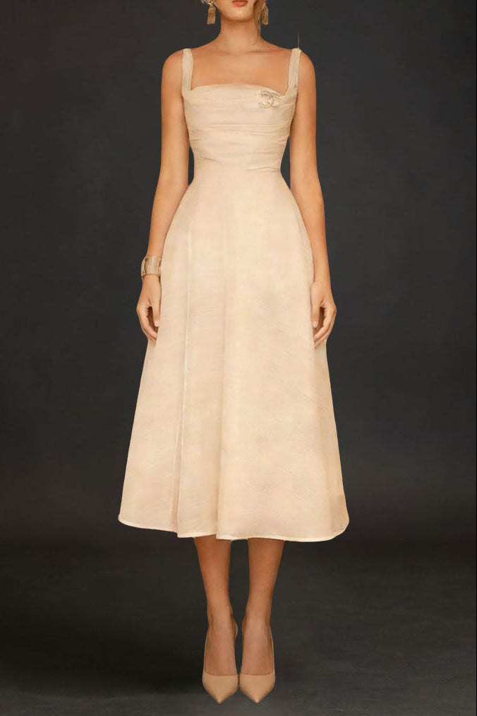 Pleated Cami Slim Midi Dress In White