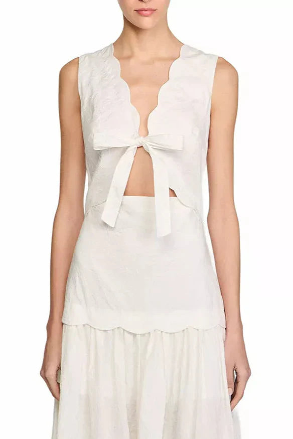 Scallop trim V-neck Crinkled Maxi Dress in ecru