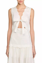 Flowering Girl Women Scallop Trim V-Neck Crinkled Maxi Dress In Ecru