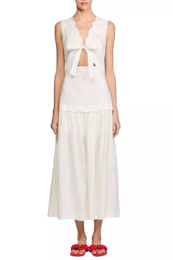 Flowering Girl Women Scallop Trim V-Neck Crinkled Maxi Dress In Ecru