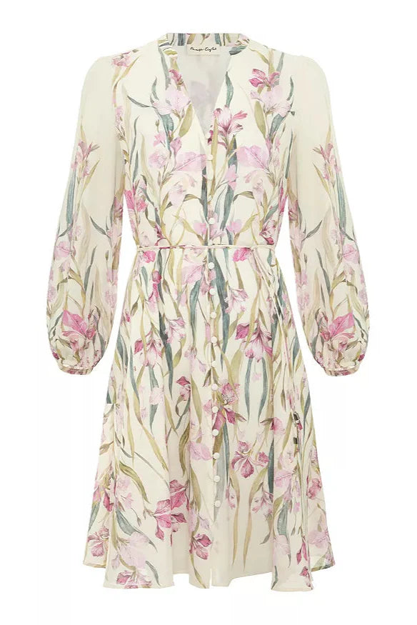 Flowering Girl Women Floral Print Blouson Sleeve Mini Dress In Ivory