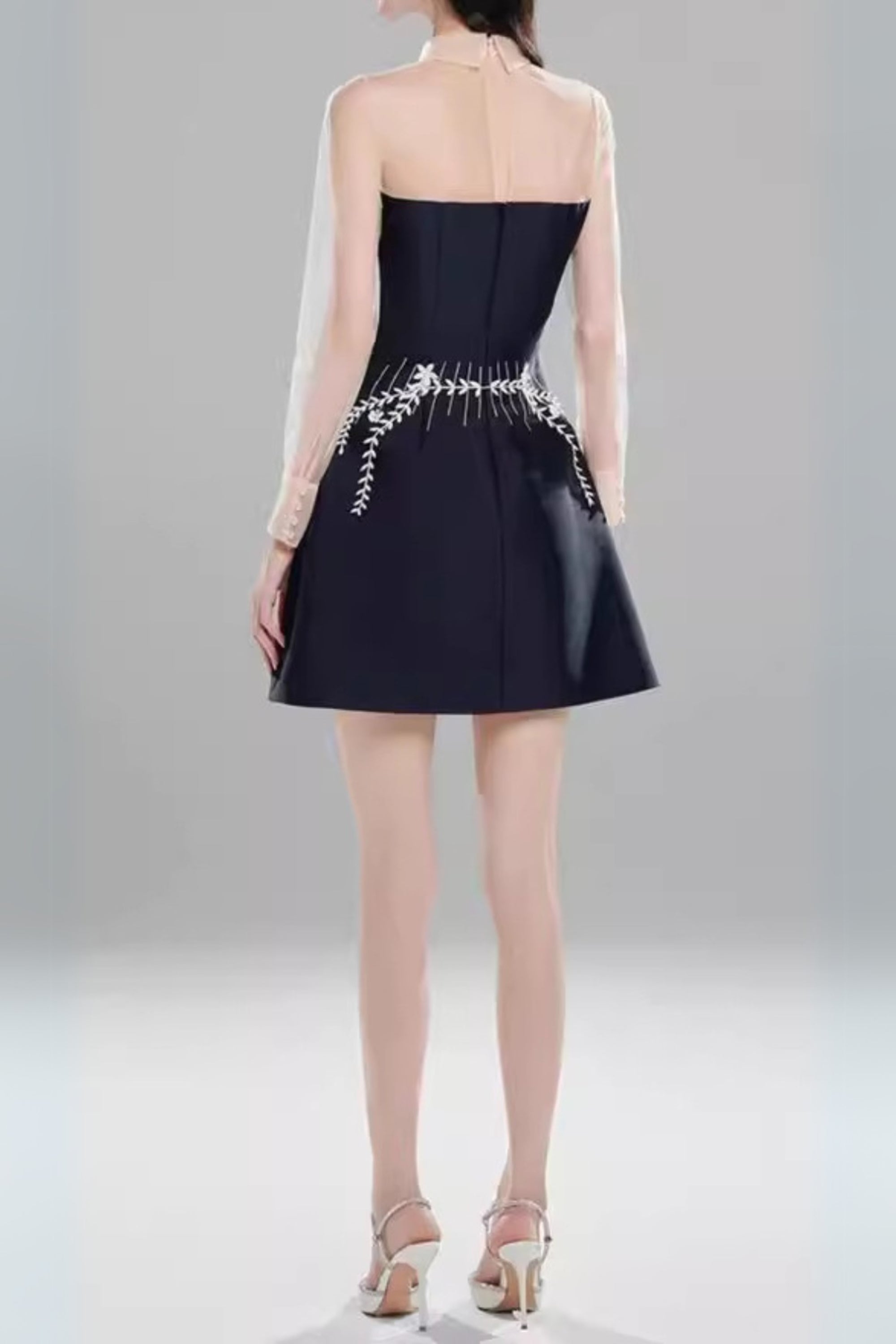 Flowering Girl Women Embroidered Flower Lapel Tulle Mini Dress In Dark Blue