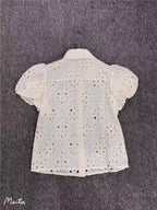 White Eyelet Embroidered Puff Sleeve Open Shirt