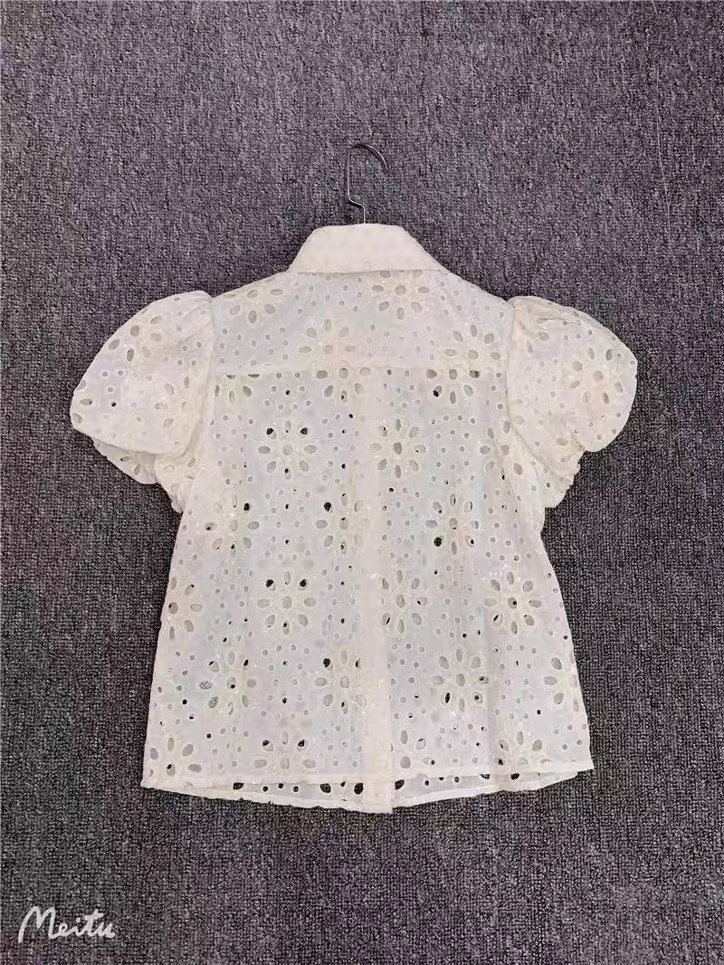 White Eyelet Embroidered Puff Sleeve Open Shirt