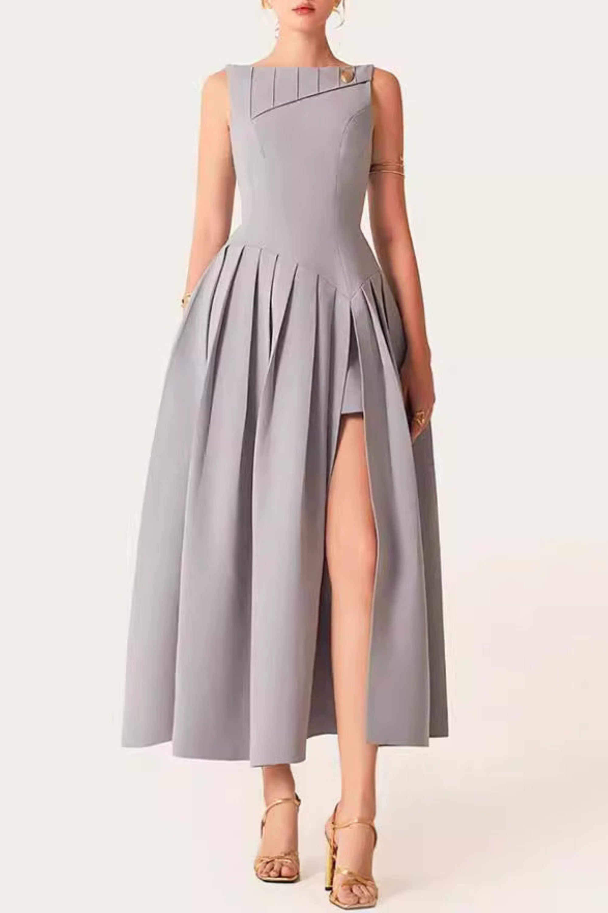 Flowering Girl Women Sleeveless Pleated Slit Midi Dress In Gray