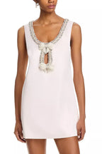 Flowering Girl Women Rhinestones Embellished Bow Mini Dress In White