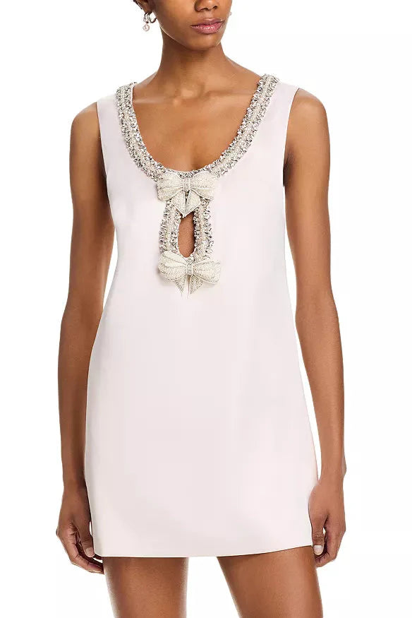Rhinestones Embellished Bow Mini Dress In White