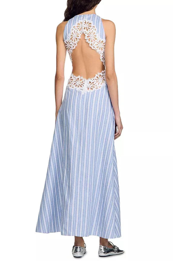 Flowering Girl Women Hollow Lace Trim Maxi Dress In Blue