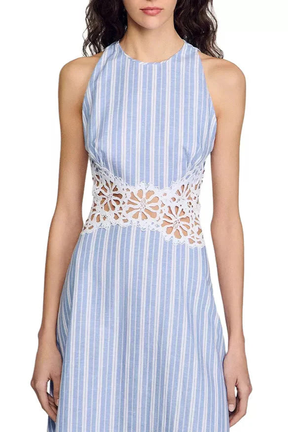 Flowering Girl Women Hollow Lace Trim Maxi Dress In Blue