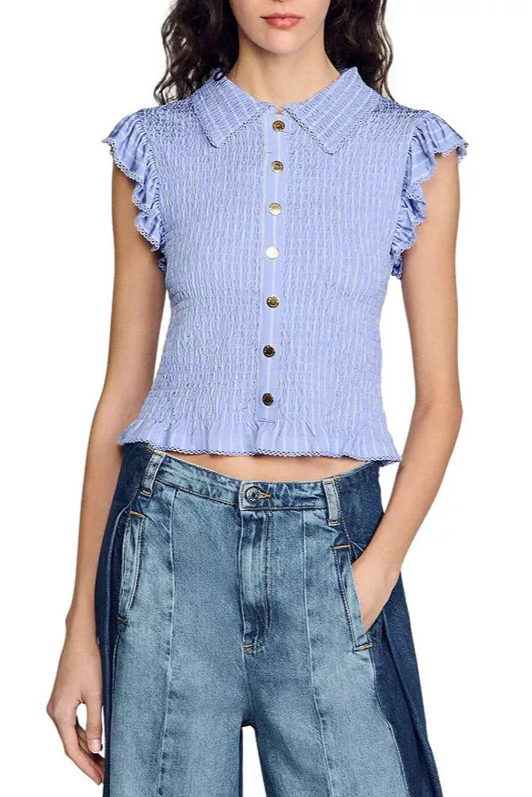 Flowering Girl Women Satin Smocked Top In Sky Blue