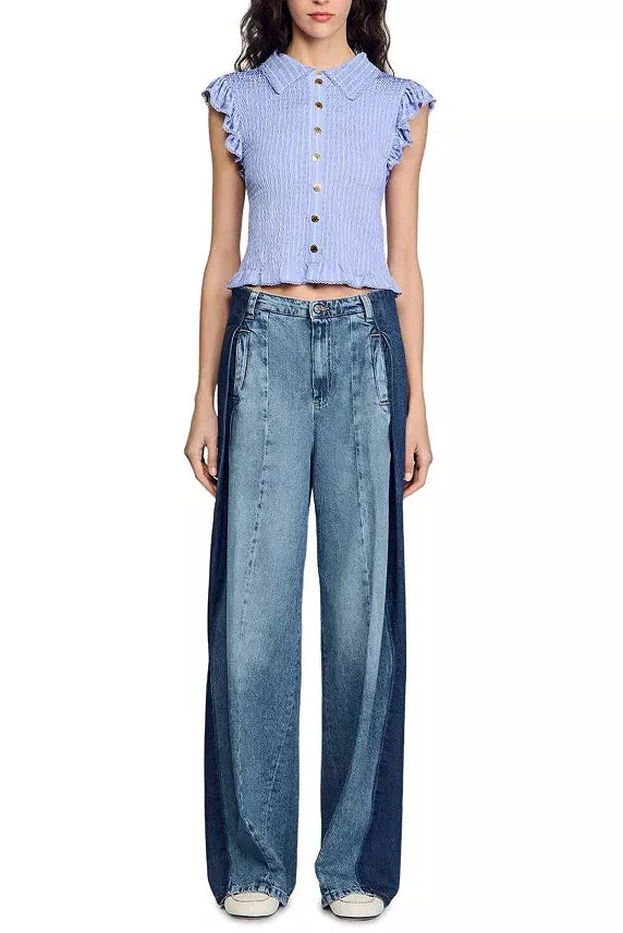 Satin Smocked Top in sky blue
