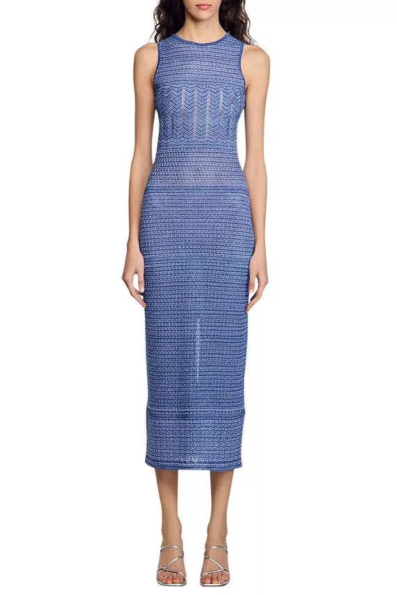 Flowering Girl Women Hollow Striped Sleeveless Knit Midi Dress In Royal Blue