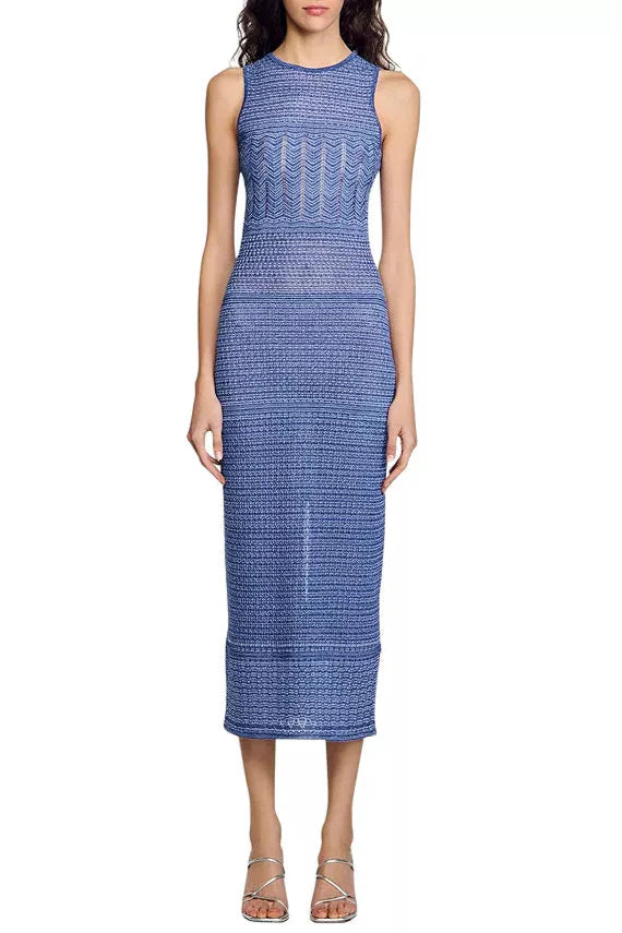 Flowering Girl Women Hollow Striped Sleeveless Knit Midi Dress In Royal Blue