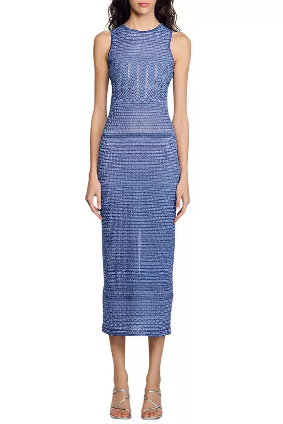 hollow striped sleeveless knit midi dress in Royal Blue
