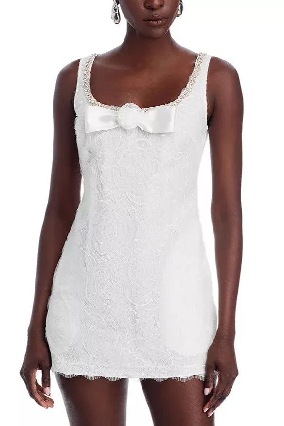 bow Tulle Lace Mini Dress in white