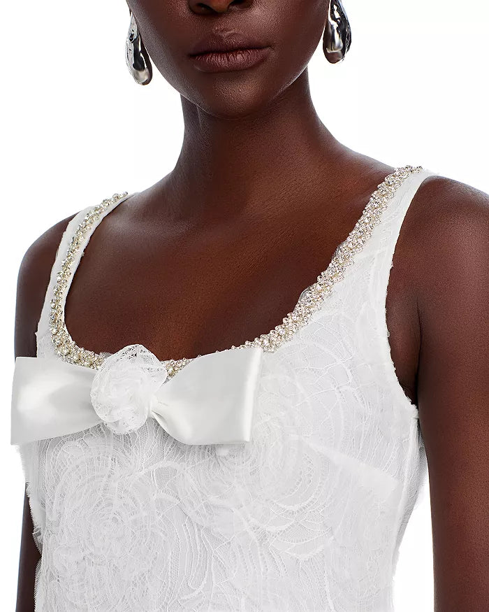 bow Tulle Lace Mini Dress in white