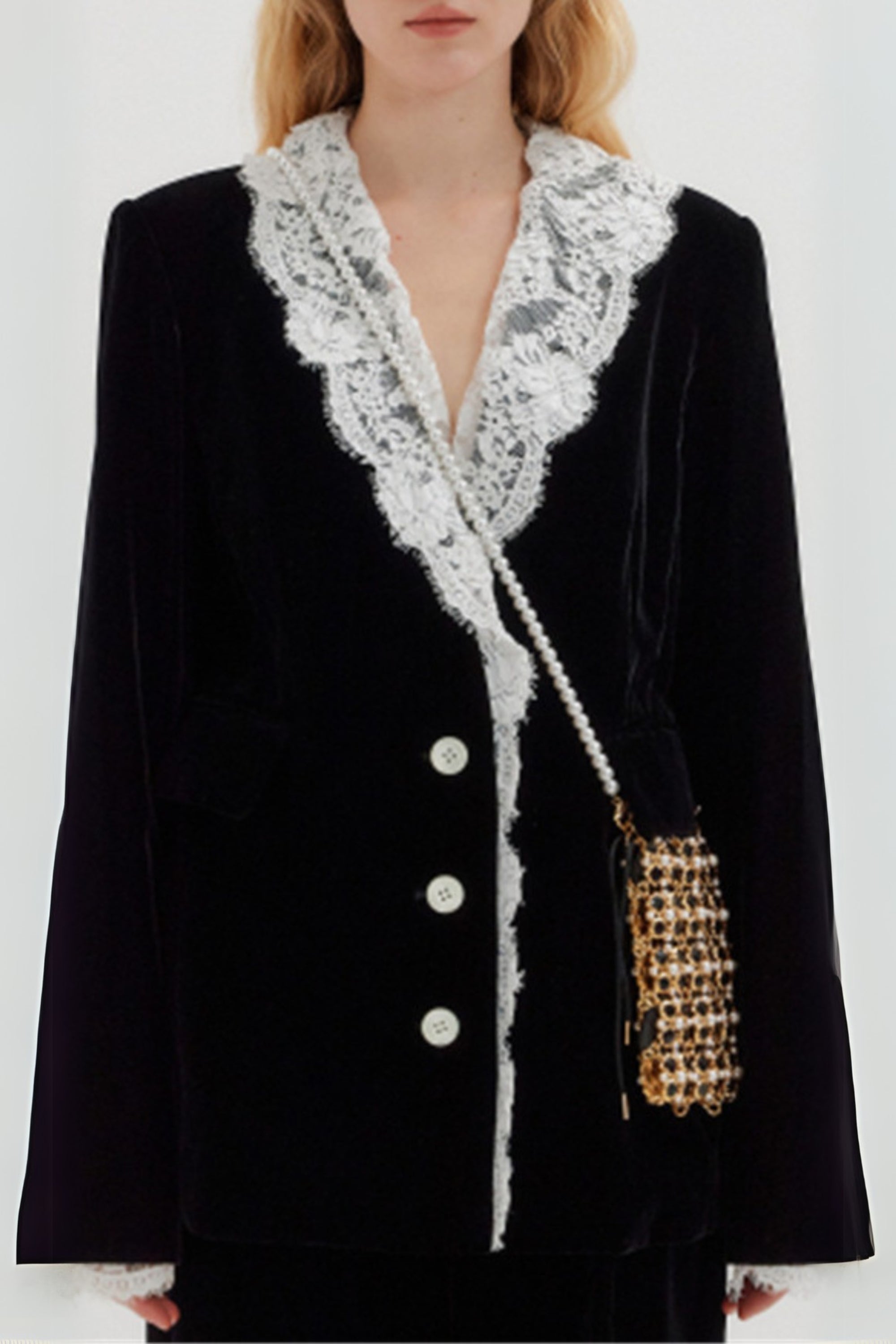 Flowering Girl Women Lace-Neck Velvet Blazer In Black