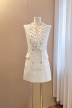 White V-Neck Sleeveless Diamond Midi Suit Top