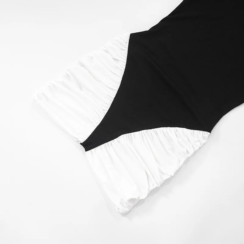 Flowering Girl Women Black-White Panel Sleeveless Gathered Halter Mini Dress