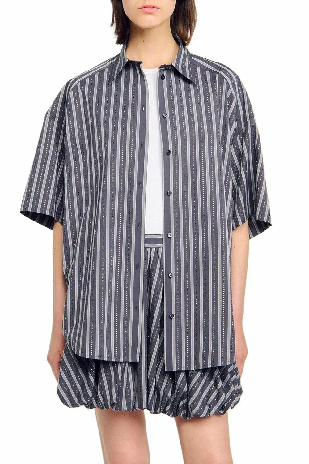 Oversized Striped Rhinestone Shirt in grey