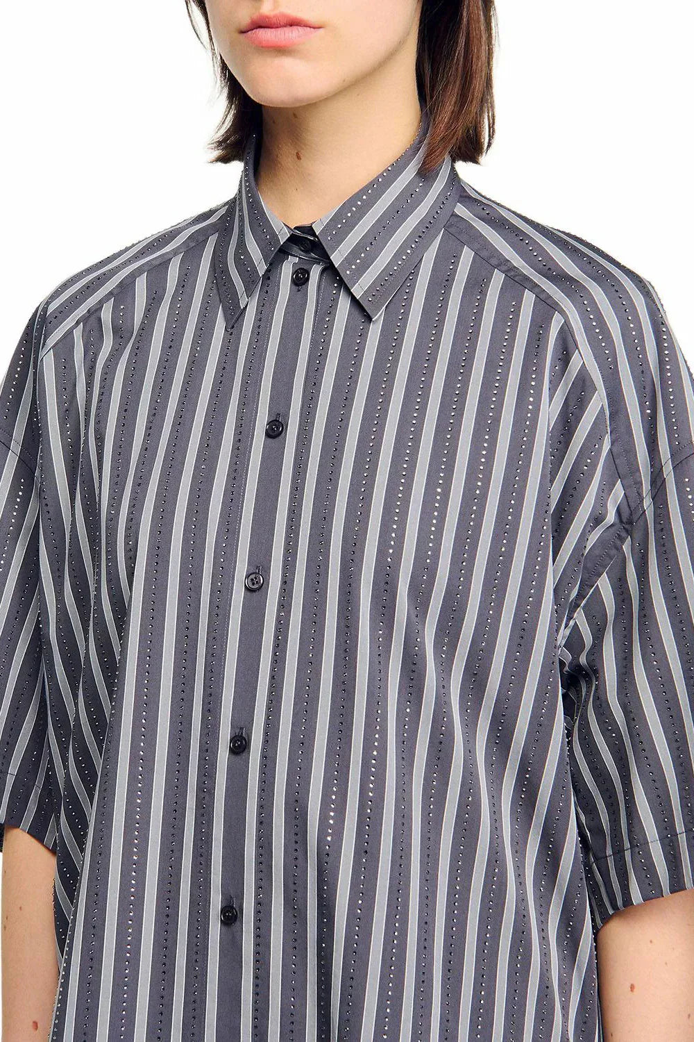 Oversized Striped Rhinestone Shirt in grey