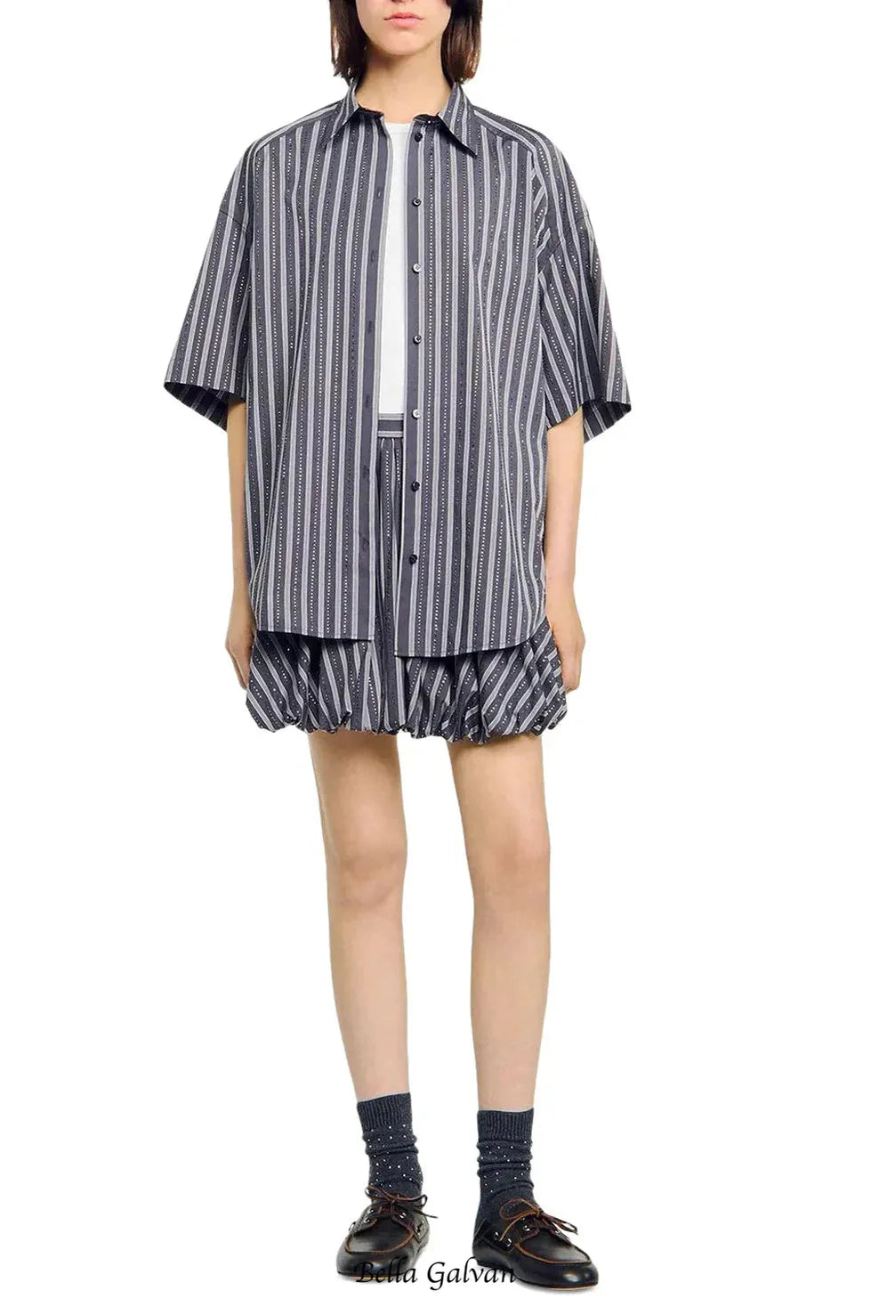 Oversized Striped Rhinestone Shirt in grey