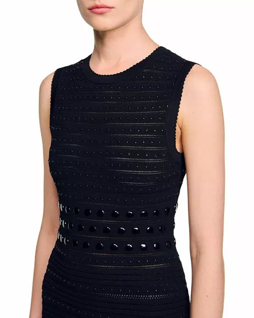 Valerie Studded Knit Sleeveless Midi Dress In Black