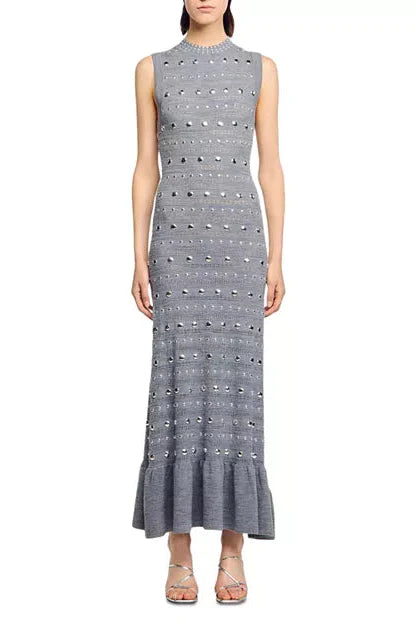 Valerie Studded Knit Sleeveless Midi Dress In Gray