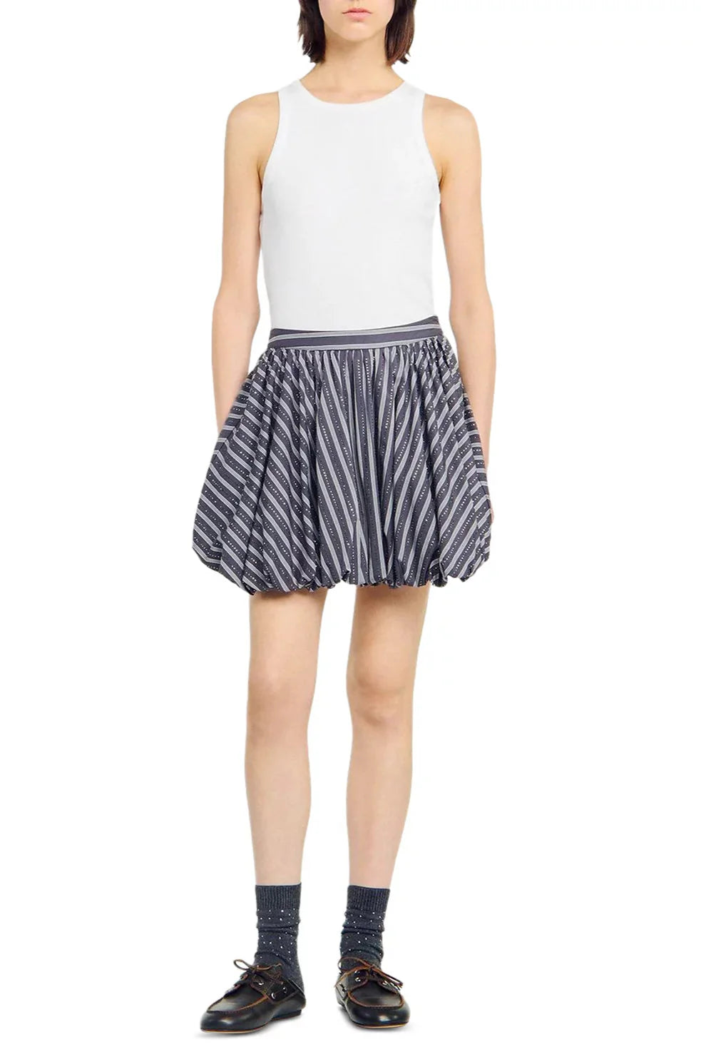 Flowering Girl Women Striped Rhinestone Bubble Hem Skirt In Grey