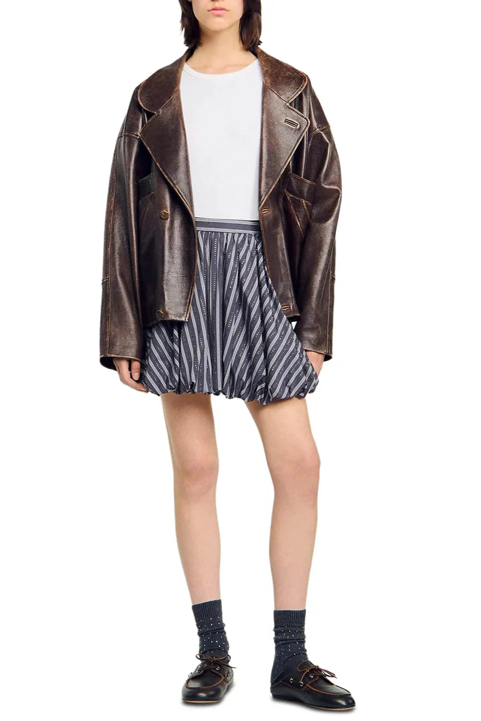 Flowering Girl Women Striped Rhinestone Bubble Hem Skirt In Grey