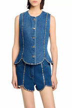 Flowering Girl Women Rhinestone Denim Top In Blue