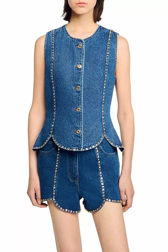 Rhinestone Denim Top In Blue