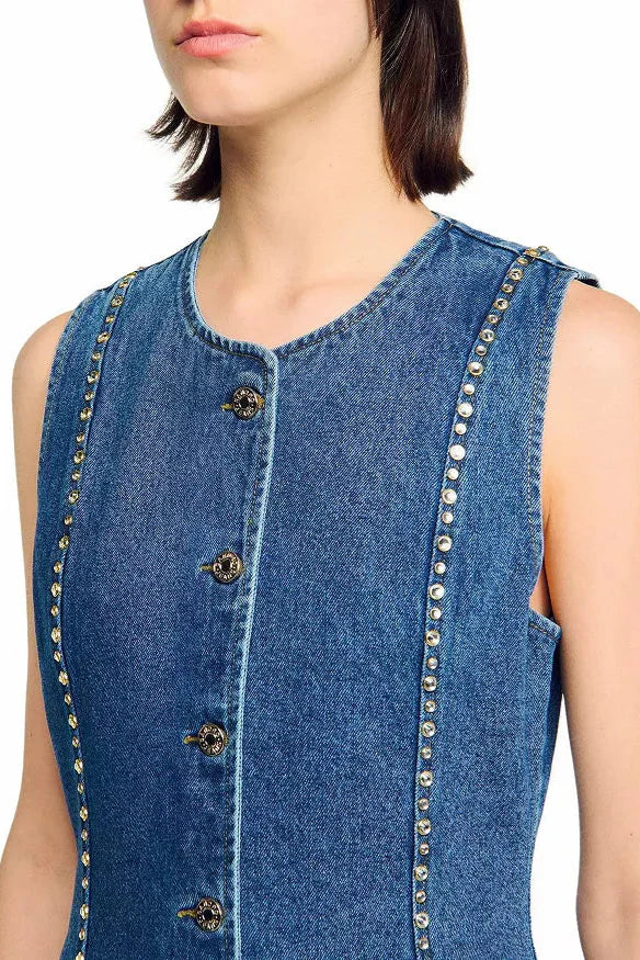 Flowering Girl Women Rhinestone Denim Top In Blue