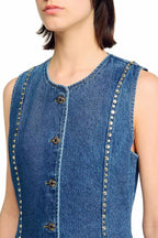 Flowering Girl Women Rhinestone Denim Top In Blue