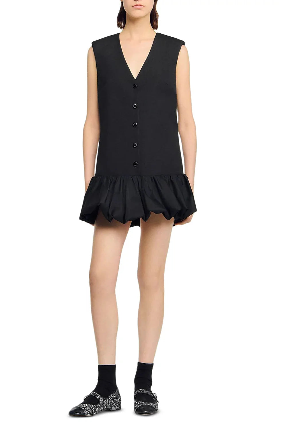 Flowering Girl Women Button Front Bubble Hem Mini Dress In Black