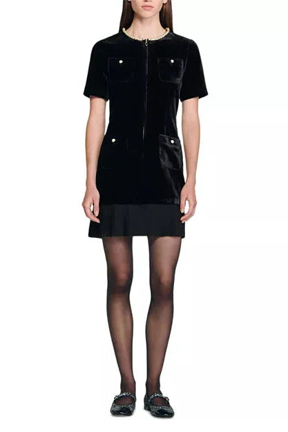 Riva Pleated Trim Patchwork Velvet Mini Dress In Black