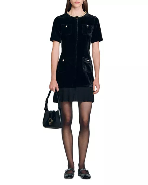 Riva Pleated Trim Patchwork Velvet Mini Dress In Black
