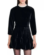 Sheila Beaded Velvet Puffy Mini Dress In Black