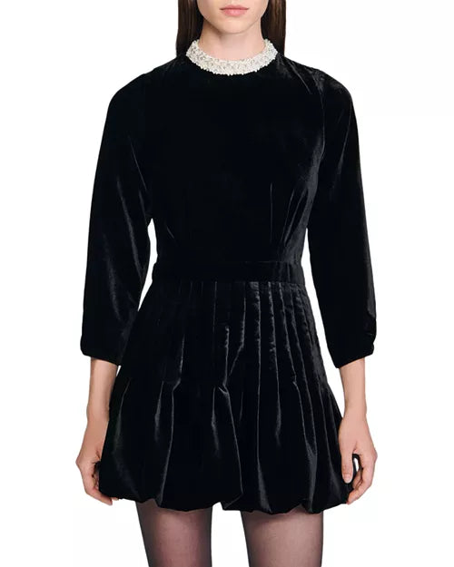 Sheila Beaded Velvet Puffy Mini Dress In Black