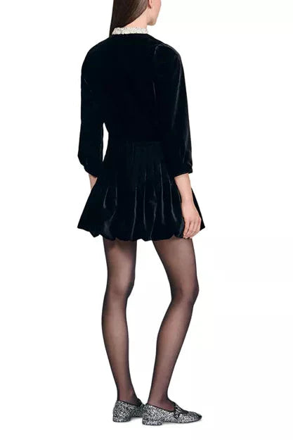 Sheila Beaded Velvet Puffy Mini Dress In Black