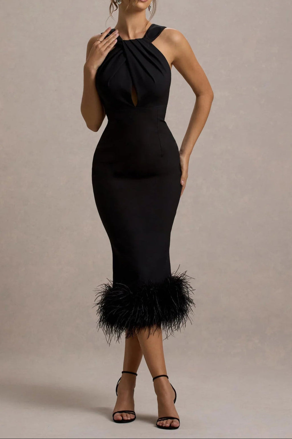 Jenny Black Twist-Neck Feather Hem Midi Dress