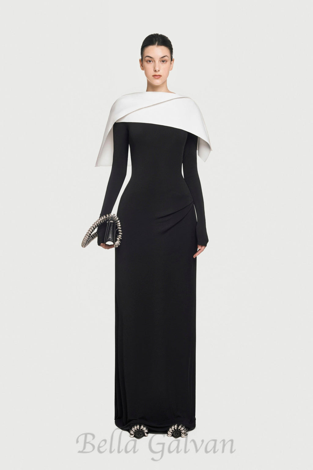 Flowering Girl Women black maxi dress with draped asymmetrical shoulder pleat