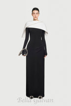 Flowering Girl Women black maxi dress with draped asymmetrical shoulder pleat