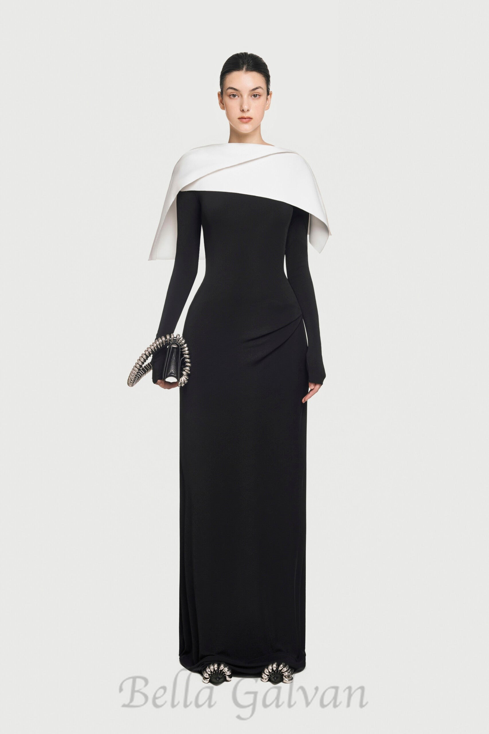 Flowering Girl Women black maxi dress with draped asymmetrical shoulder pleat