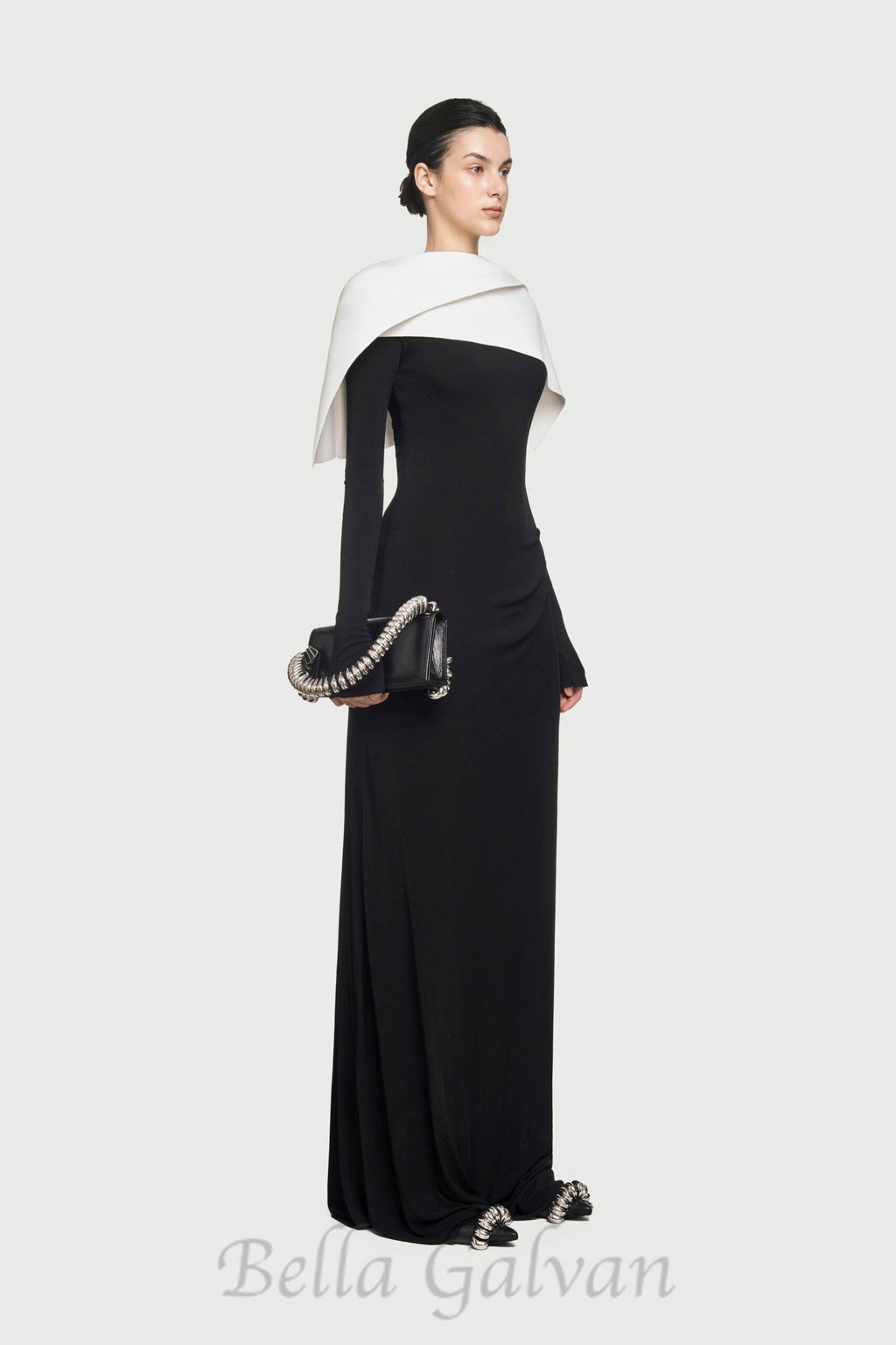 Flowering Girl Women black maxi dress with draped asymmetrical shoulder pleat