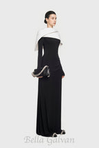 Flowering Girl Women black maxi dress with draped asymmetrical shoulder pleat
