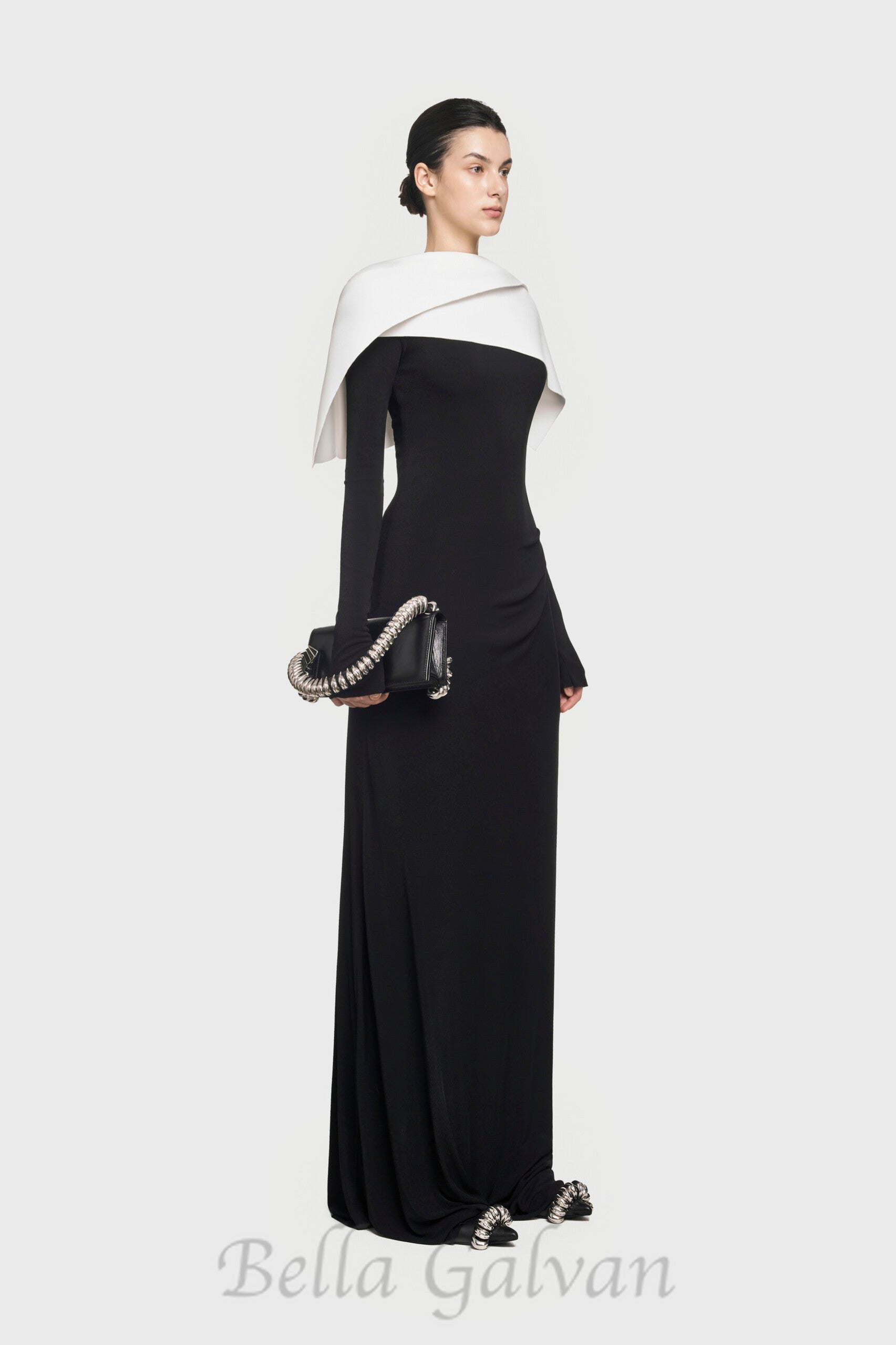 Flowering Girl Women black maxi dress with draped asymmetrical shoulder pleat