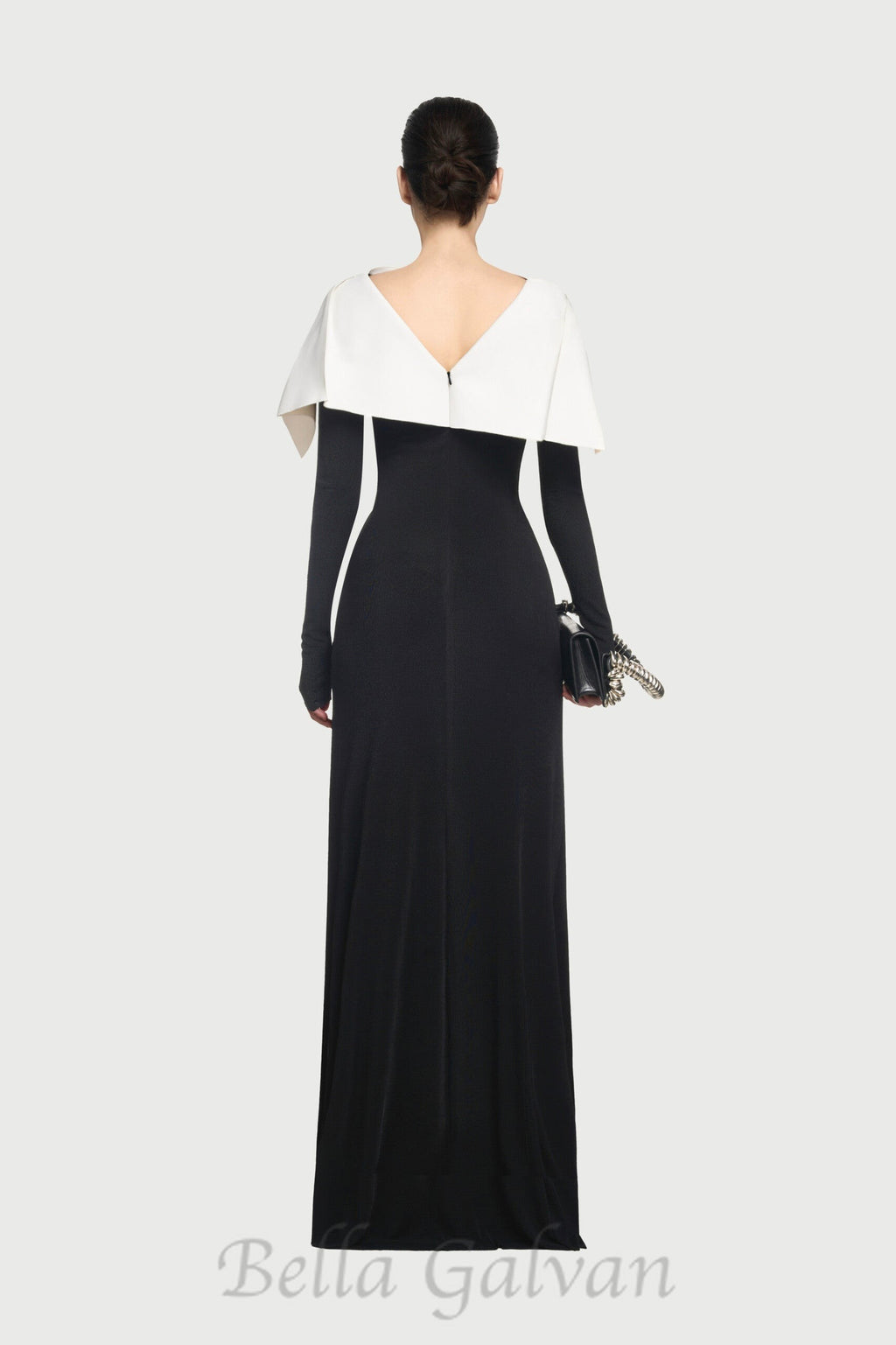 Flowering Girl Women black maxi dress with draped asymmetrical shoulder pleat