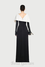 Flowering Girl Women black maxi dress with draped asymmetrical shoulder pleat