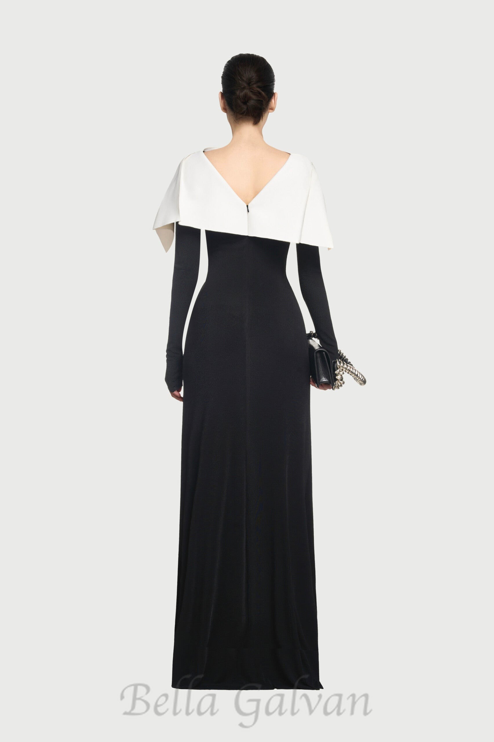 Flowering Girl Women black maxi dress with draped asymmetrical shoulder pleat